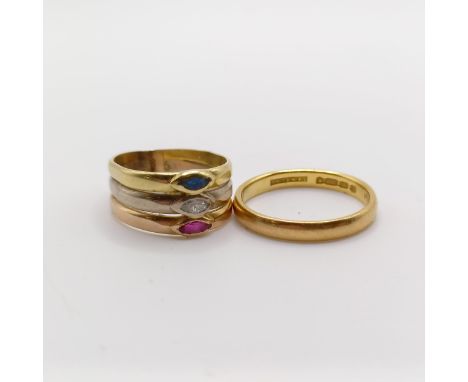 A 22ct gold wedding band, ring size K, 2.6 g, and a 18ct multi coloured gold gem set ring, out of shape, all in 3.6 g 