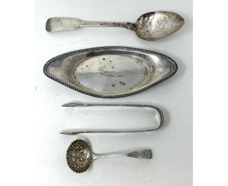 A silver stand, a pair of sugar tongs, a ladle, and a fiddle pattern spoon, various dates and marks, 8.8 ozt (4) 