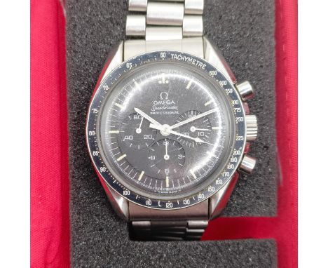 A gentleman's stainless steel Omega Speedmaster Professional Chronograph Moon watch, manual wind movement, the black dial fea