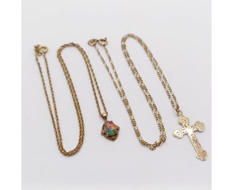 A 9ct gold cross pendant, on a chain, and an opal pendant on a chain (2)4.8 g all in 