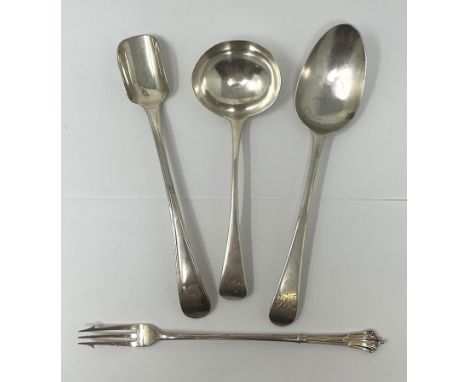 A George III silver cheese scoop, an Old English pattern ladle, an Old English pattern spoon, and a pickle fork, various date