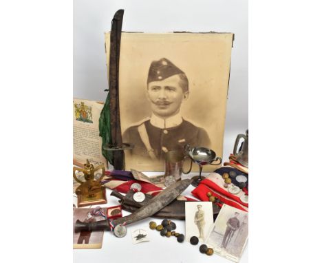 BOX OF MILITARY ITEMS TO INCLUDE, large Union Jack flag, with rope attachments, large black and white photo of a pre WW1 Sold