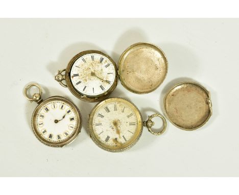 THREE SILVER LATE 19TH TO EARLY 20TH CENTURY POCKET WATCHES, to include two open face watches and one full hunter, all with e