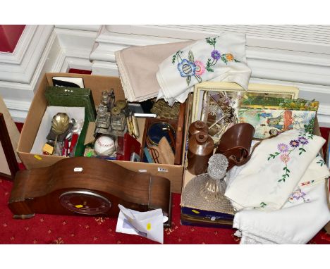 TWO BOXES AND LOOSE MISCELLANEOUS ITEMS, to include a Garrard mantle clock (key and pendulum), a boxed modern magnifying glas