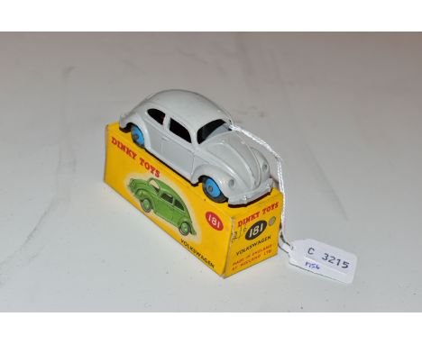 A BOXED DINKY TOYS VOLKSWAGEN BEETLE SALOON, No.181, grey body with mid blue hubs, lightly playworn condition with only minor