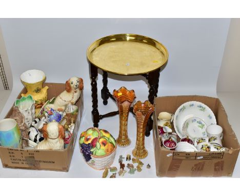 TWO BOXES AND LOOSE OF CERAMICS, GLASSWARE AND BRASS TOPPED TABLE, to include a Royal Worcester figure June no 2906, a Beswic