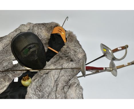 A FLECKED GREY CONEY FUR JACKET, size 14, together with a Paul fencing helmet and three fencing foils and an onyx table top l