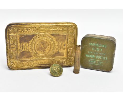 A WORLD WAR ONE PRINCESS MARY TIN, containing a smaller possibly WW2 era tin containing a bottle of Thio sterilizing tablets 