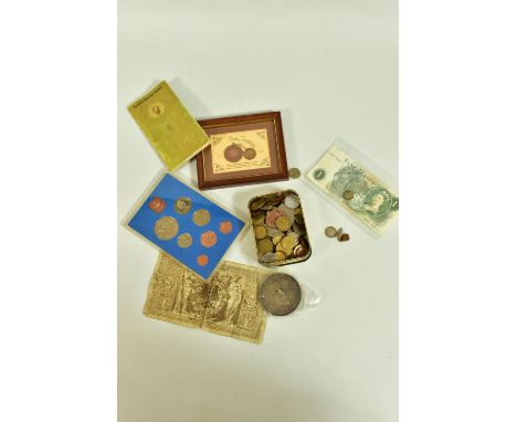 A BOX OF COINS COMMEMORATIVES ETC TO INCLUDE: A Yellow gold stick pin with the letter   B  , a  Framed Penny Farthing design 