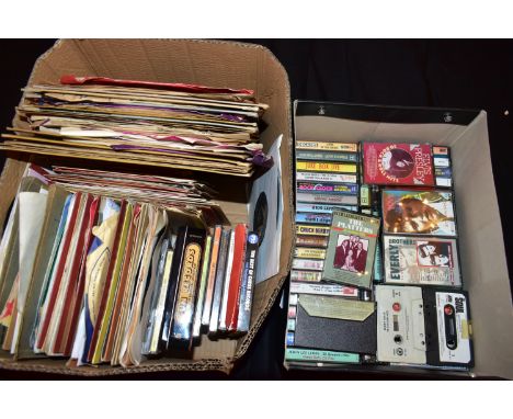 TWO TRAYS CONTAINING 78s, SINGLES, CDs, AND CASSETTE TAPES mostly from the 1950s and 60s including HMV and RCA copies by Elvi