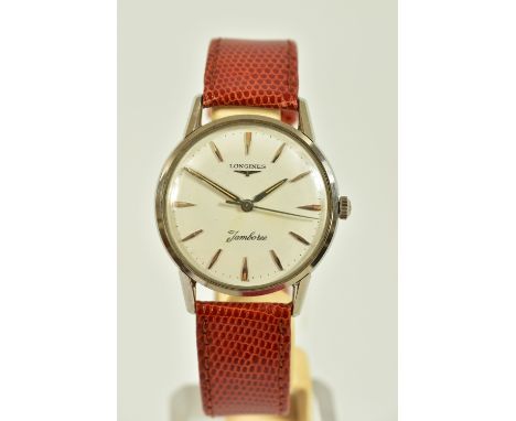 A LONGINES MANUAL WIND JAMBOREE WRISTWATCH, white dial with baton markers, approximate 34mm stainless steel case, fitted with