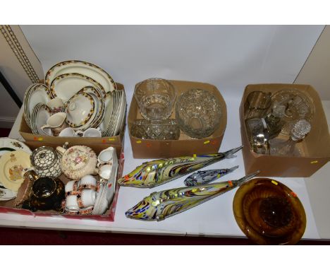 FOUR BOXES AND LOOSE GLASSWARE AND CERAMICS, to include three Murano splatter glass fish, longest length 59cm, a Davidson amb