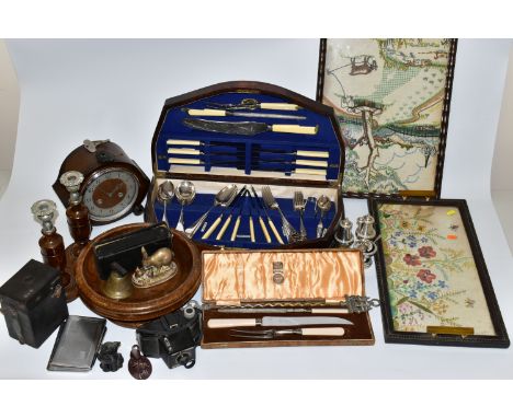 A GROUP OF FLATWARE, TREEN, EPNS, ETC, to include a canteen of EPNS cutlery, a cased carving set, three stainless steel cigar