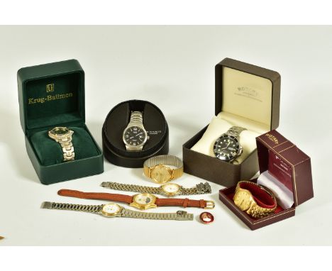 A COLLECTION OF WRISTWATCHES, to include a boxed Rotary watch, black dial with luminscent markers, day datw window at three o