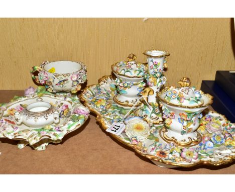 THREE PIECES OF MID 19TH CENTURY COALBROOKDALE STYLE FLORAL ENCRUSTED PORCELAIN, comprising a wavy rectangular desk stand, th