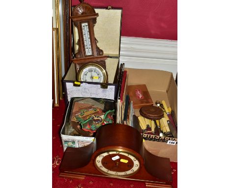 THREE SMALL BOXES/TIN AND LOOSE SUNDRY ITEMS ETC, to include a Franz Hermle mantle clock (key), an oak framed aneroid baromet