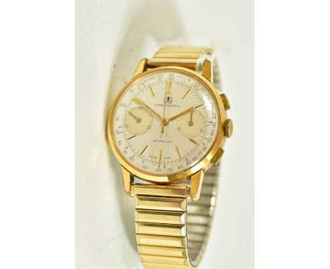 AN OLLECH AND WAJS TWIN DIAL CHRONOGRAPH MECHANICAL WRISTWATCH, silvered dial with gold coloured baton markers and hands, two