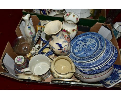 THREE BOXES AND LOOSE CERAMICS, GLASS, AND MISCELANEOUS ITEMS, including three Royal Worcester Raffles tureens and covers, Li