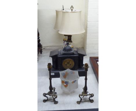 A mixed lot: to include a 1930s slate cased mantel timepiece of architectural form, on a plinth; the movement faced by an Ara