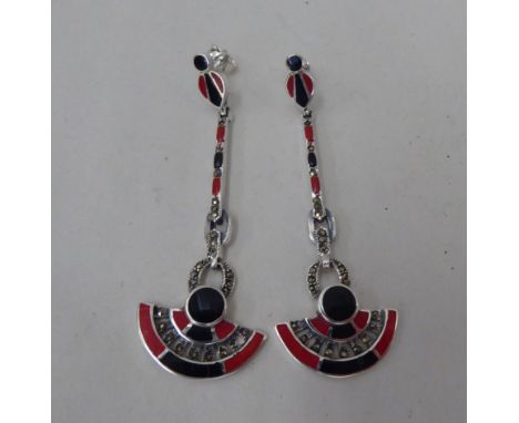 A pair of silver coloured metal, marcasite and enamel pendant earrings 
