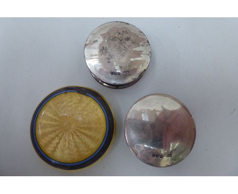 Silver collectables: to include an Asprey engine turned, yellow enamelled round pill box&nbsp; bears indistinct import marks 