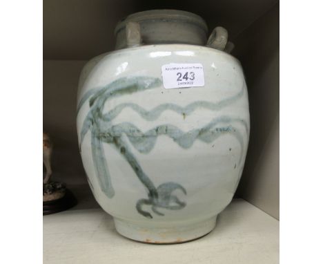 A 20thC Chinese ceramic water vessel of shouldered form, decorated in blue and white with random designs&nbsp; 9"h 