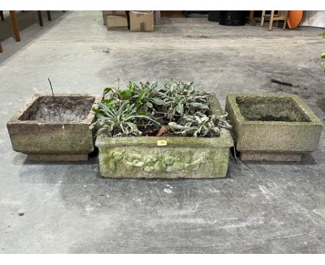 A square form garden trough, 23' wide and a pair of square garden jardinieres