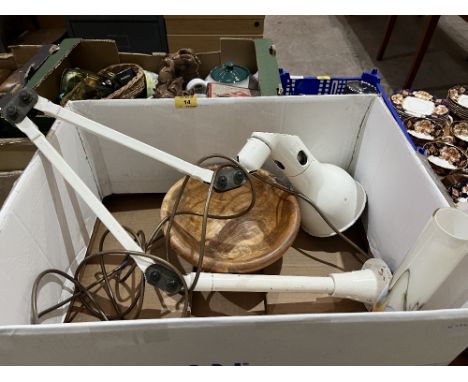 An 'industrial' articulated desk lamp; a treen bowl and a glass vase