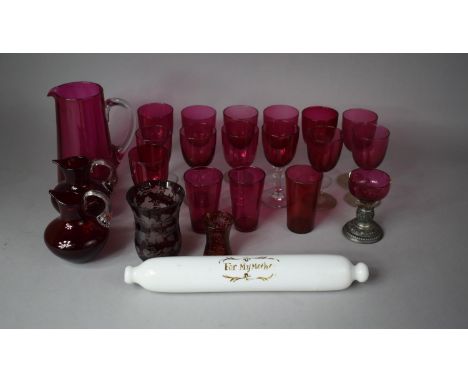 A Collection of 19th Century and Later Glassware to include Primarily Cranberry Glass Sherries, Jug, Ruby Glass Etched Vase, 