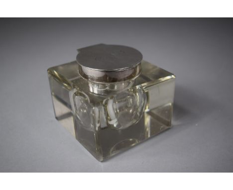 A Silver Topped Perspex Inkwell, Lid Monogrammed CJB, Hinge Requires Attention 