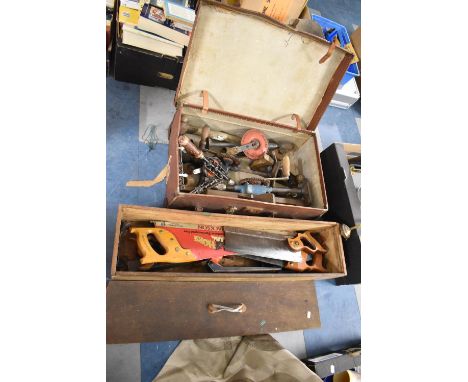 A Vintage Suitcase Containing Various Woodworking Tools and Box of Saws 