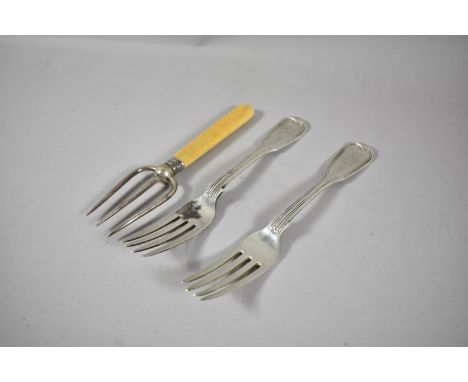 A Pair of Georgian Silver Forks, Glasgow 1831 Together with a Silver Banded Bone Handled Three Pronged Fork 