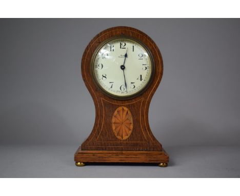 An Edwardian Inlaid Oak Balloon Shaped Mantle Clock with Replacement Battery Movement, 21cm high 