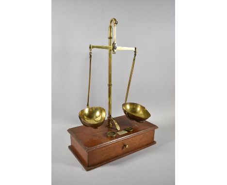 A Set of Late 19th Century Brass and Mahogany Tea Scales with Plinth Base Having Single Drawer, by C Stevens &amp; Sons, Lond