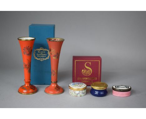 A Pair of Bilston Enamel Bud Vases, 14cm high Together with Three Enamel Boxes to Include Commemorative Black Country Museum,