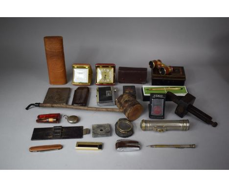 A Collection of Curios to Include Cash Tin, Scribing Tool, Alarm Clock, Pocket Binoculars, Leather Cigar Cases, Vintage Torch