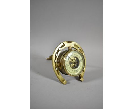 A Desktop Aneroid Barometer of Drum Form Supported in Horseshoe with Easel Back Support, 10.5cm high (Glass Cracked) 