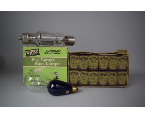 A Collection of Vintage Lamps to Include Boxed Fog Lamp, Lightbulbs, Lumax British Automobile 6v Bulbs 