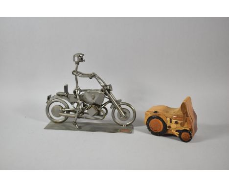 A Metal Model of a Motorcycle with Rider Together with a Tractor Jigsaw Puzzle Box 