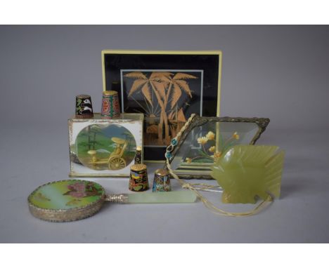 A Collection of Oriental Curios to Include Rickshaw Diorama, Palm Tree Diorama, Jadeite Fish, Enamelled Thimbles, Decorated H