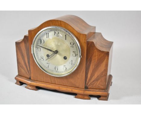An Art Deco Walnut Mantle Clock with Sunburst Inlay, 33cm wide 