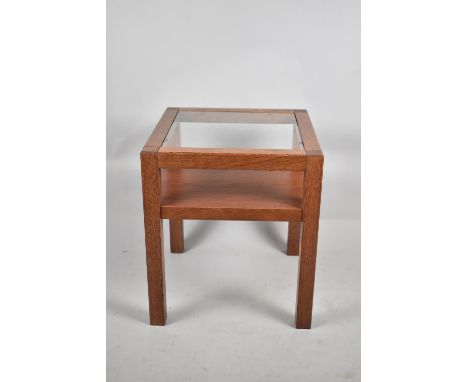 A Modern Oak Glazed Topped Occasional Table with Stretcher Shelf, 48cm Square 