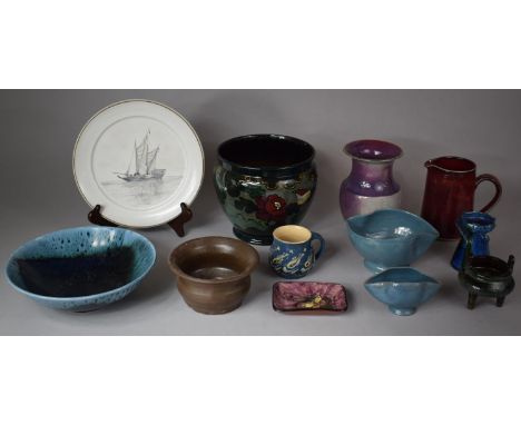 A Collection of Various Glazed and Unglazed Pottery to include Denby Charger with Hand Painted Ship Decoration, Various Jugs,