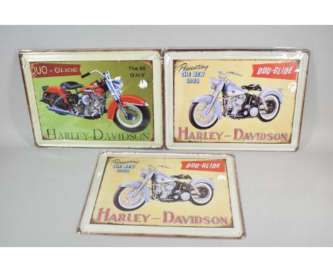 A Set of Three Printed Reproduction Harley Davidson Advertising Signs, Each 37cm wide 