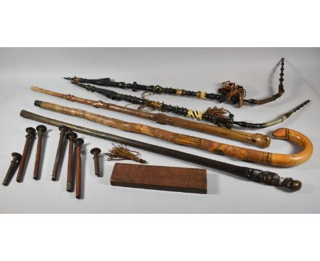 A Collection of Three Walking Sticks to Include Mexican, African and Thorn Together with Two Horn Mounted Extended Pipes, Org