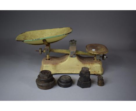 A Set of Vintage Enamelled Kitchen Scales with Various Weights 