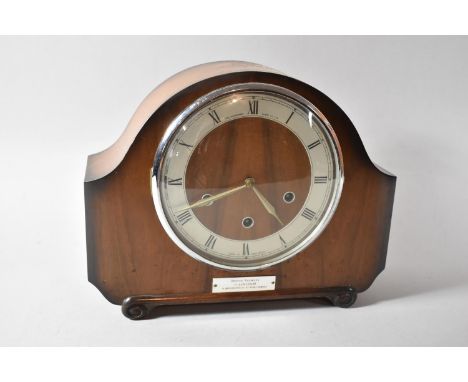 A Walnut Presentation Mantle Clock by the Alexander Clarke Co., Inscribed "British Railways, H Lincoln, In Appreciation of 45