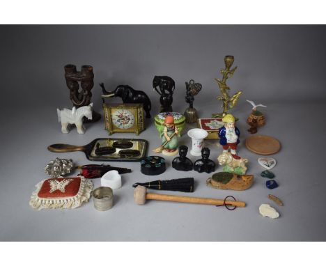 A Collection of Curious to Include Brass Candlestick, Elephant Ornaments, Figural Ornaments, Mantle Clock, African Erotic Can