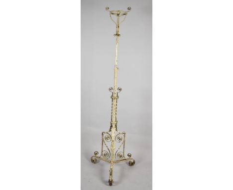A Late Victorian Painted Brass and Wrought Iron Tripod Oil Lamp Holder Now with Electric Bulb Fitting to Top 