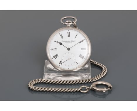 IWC Taschenuhr ¨open face¨gebürstetes Stahlgehäuse, weißes Zifferblatt mit römischen Ziffern, dezentrale Sekunde auf 6 Uhr, g